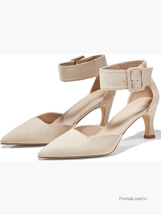 Shoes - Women's Kitten Low Heels Closed Pointed Toe Ankle Strap Pumps Suede Dress